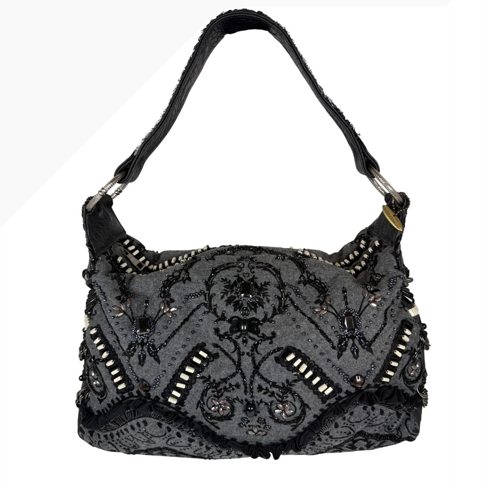 VINTAGE MARY FRANCES Gray Black Beaded Embellished Hobo Shoulder Bag Chain Boho